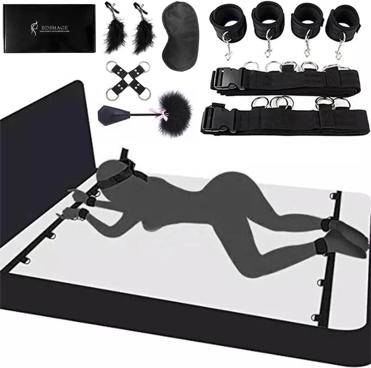 Kit di gioco bondage 7 pezzi – con frusta di piume, maschera per occhi, manette e clip per capezzoli per coppie