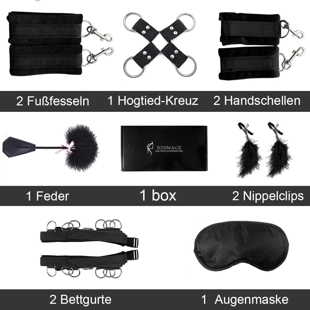 Kit di gioco bondage 7 pezzi – con frusta di piume, maschera per occhi, manette e clip per capezzoli per coppie