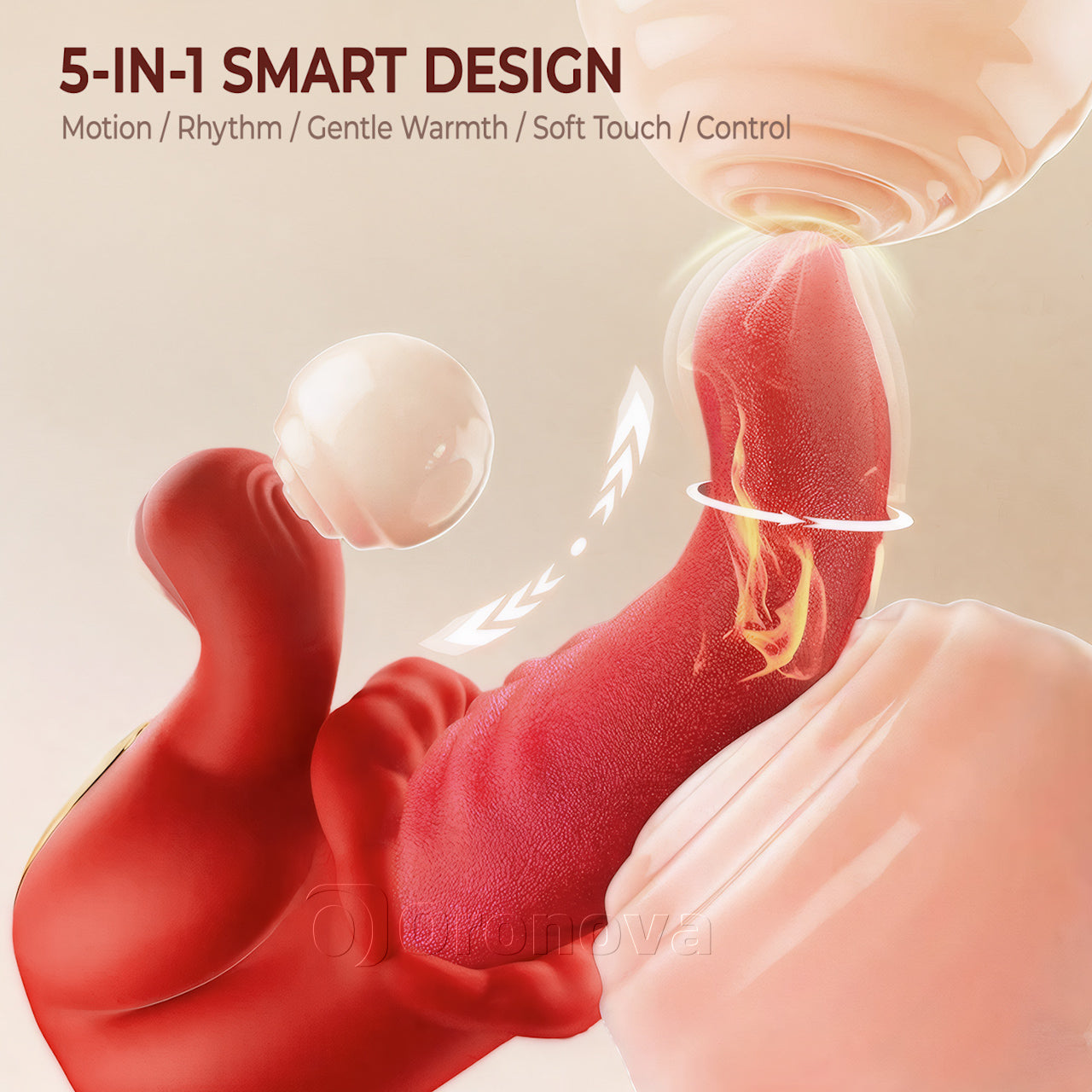 Controllo completo 5 in 1: riscaldamento, rotazione, spinta, leccata, vibrazione. Precisione che incontra il comfort.