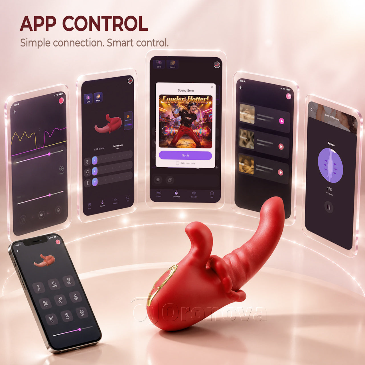 Controllo completo 5 in 1: riscaldamento, rotazione, spinta, leccata, vibrazione. Precisione che incontra il comfort.