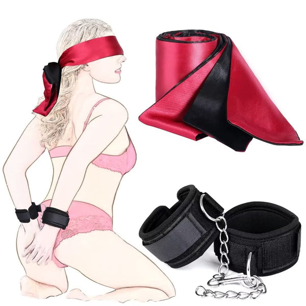 Set BDSM Bondage con Maschera per Occhi in Raso e Manette